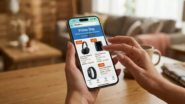Manos sosteniendo un iPhone con la página de ofertas de Amazon abierta, donde aparece la leyenda “Prime Day” y productos con descuentos de 25%, 15% y 10%.
