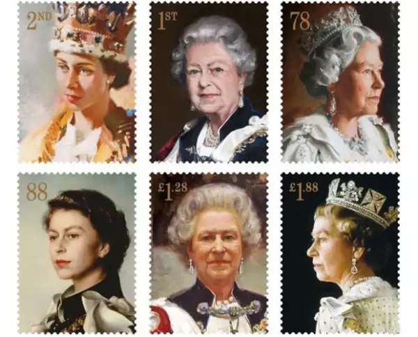 Las seis estampillas para conmemorar la coronación de la Reina Isabel II.
