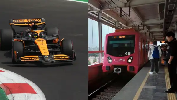 Un auto de Fórmula 1 a la izquierda y un tren llegando en el Metro de la CDMX a la derecha.