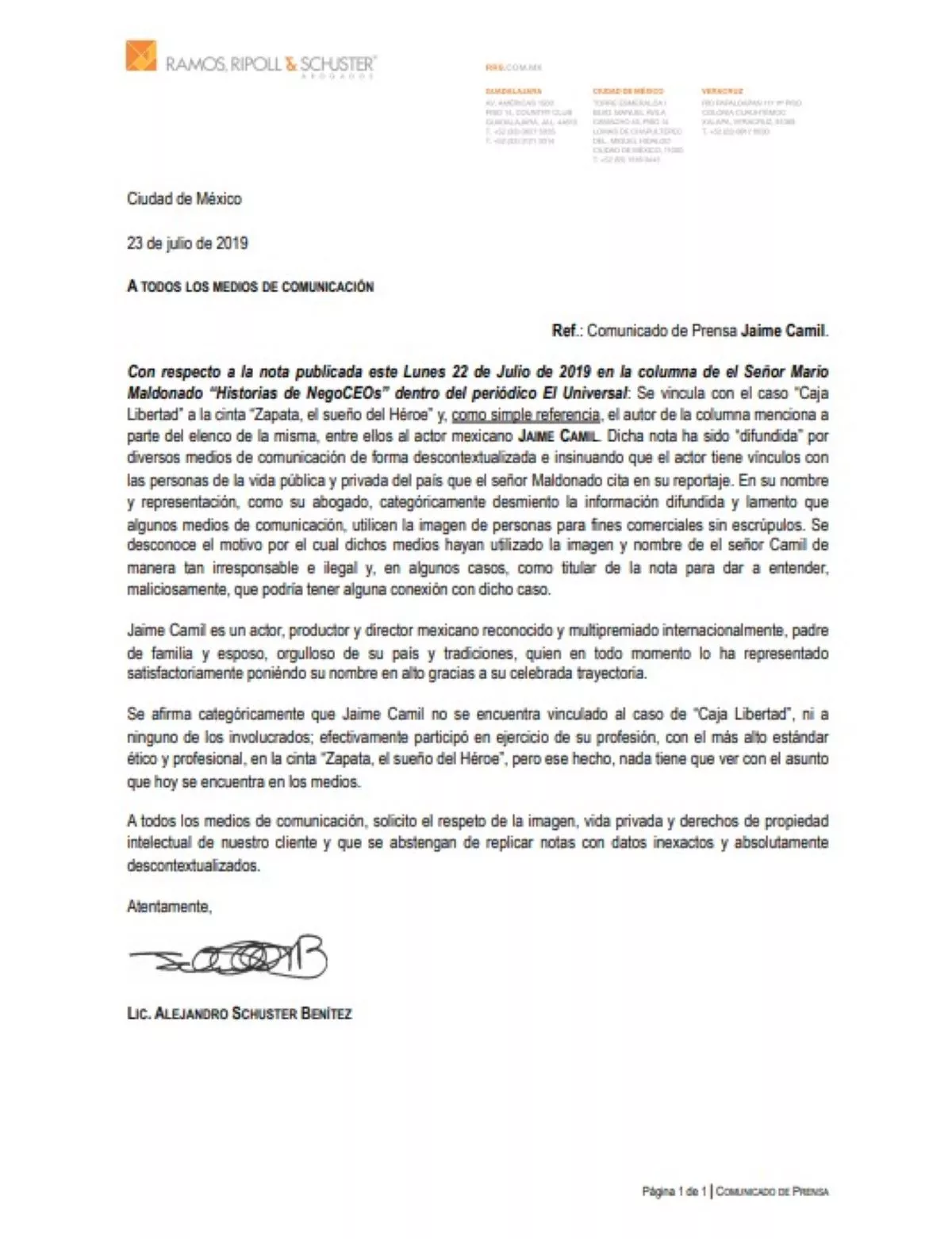 Comunicado de prensa Jaime Camil