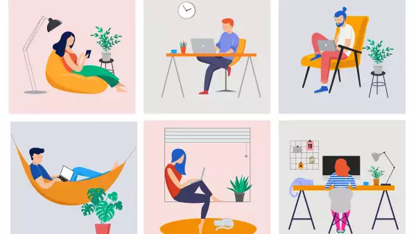 Working at home, coworking space, concept illustration. Young people, man and woman freelancers working at home. Vector flat style illustration