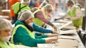 Trabajadoras arman cajas en una línea de producción. 