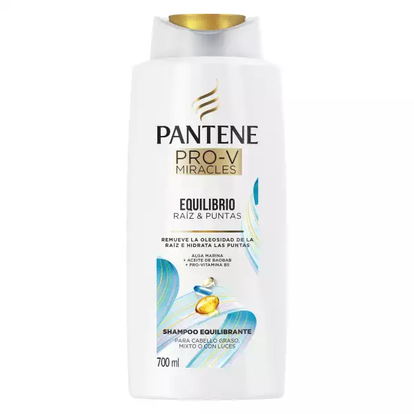 Botella del nuevo shampoo Pantene Equilibrio Raíz y Puntas. 
