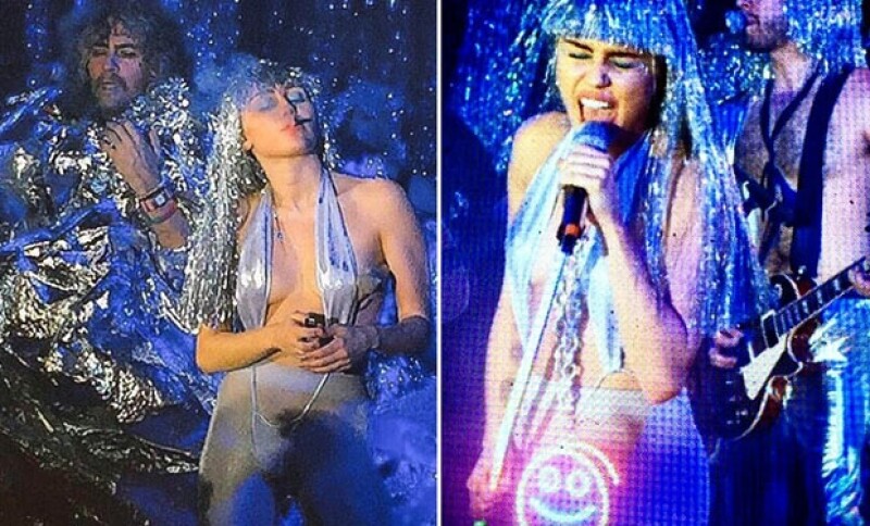 Miley se mostró rebelde al fumar marihuana durante su show, en el que la acompañó Wayne Coyne.