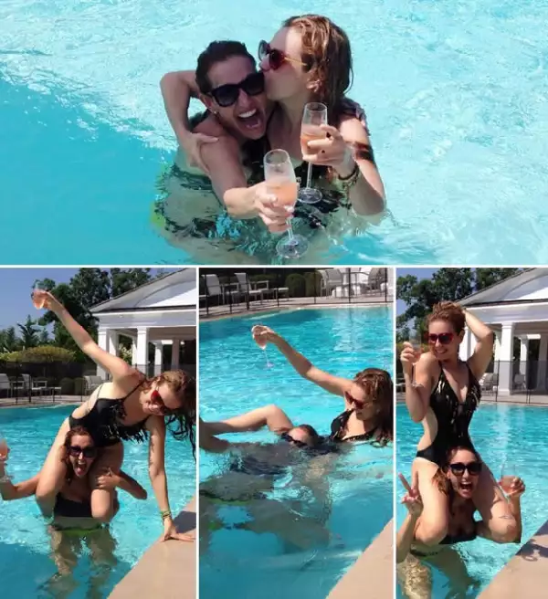 Thalía se subió en los hombros de Lili pero en un punto perdió el equilibrio y cayó al agua.