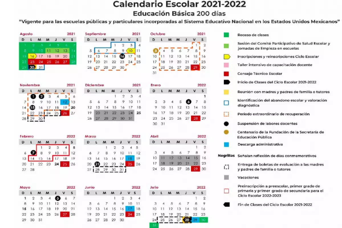 Calendario ciclo escolar 2021 a 2022 de la SEP