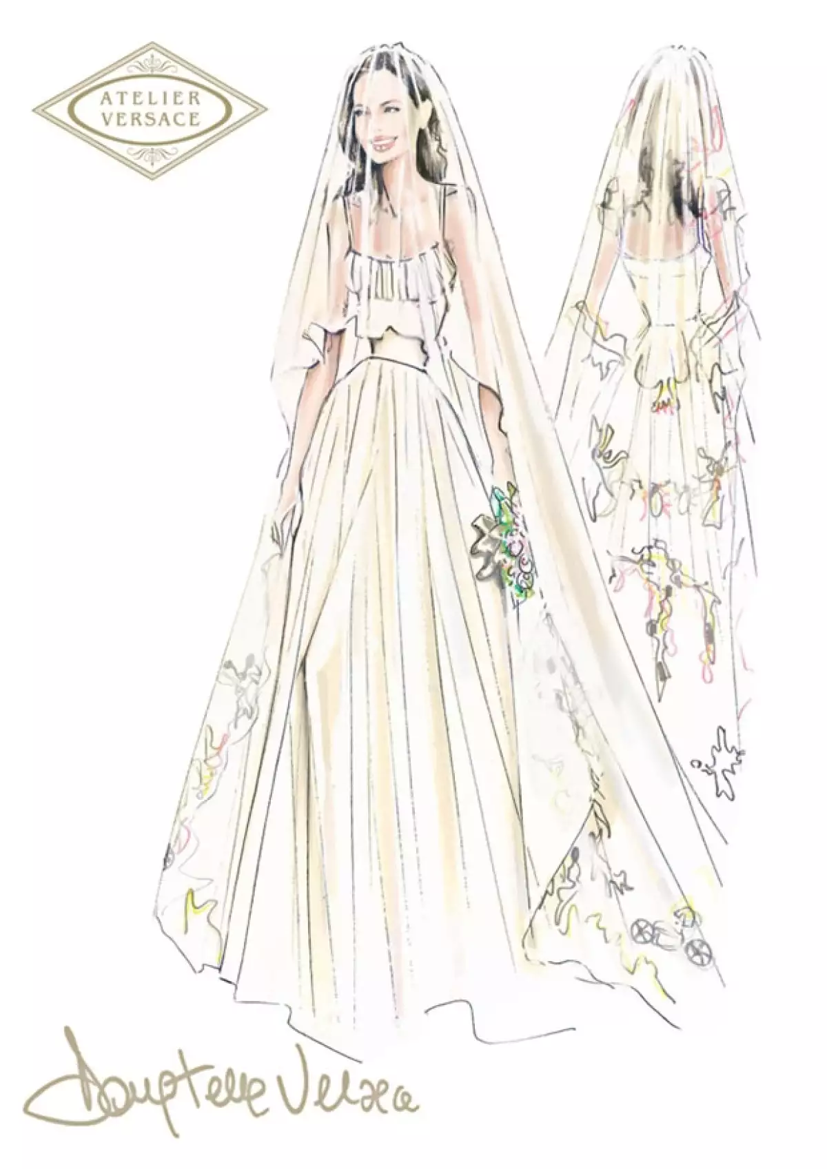 Se trató de un diseño de Atelier Versace pero muy original pues en la falda y el velo tenía bordados coloridos dibujos de sus hijos.