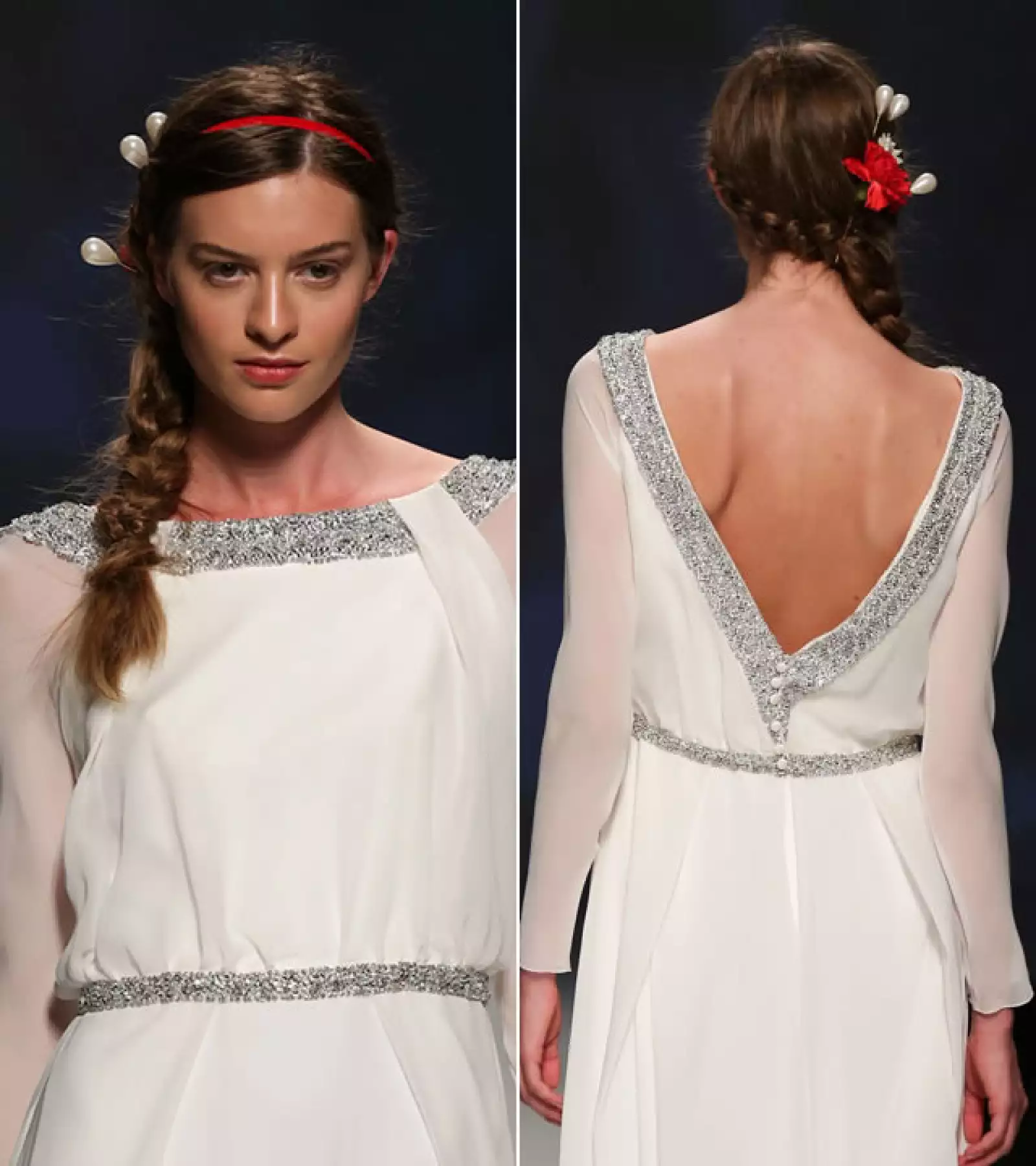 Victorio e Lucchino: Si te casas de día, llevar flores y aplicaciones es una excelente idea. Lleva el pelo en una trenza de lado para lucir tu espalda y las aplicaciones que decidas usar.