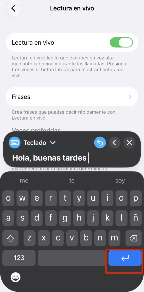 La imagen muestra el teclado para la función lectura en vivo del iPhone.