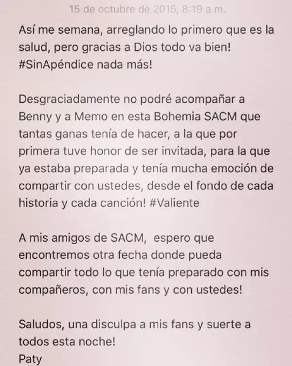 Este fue el mensaje que la cantante envió en su cuenta de Instagram.