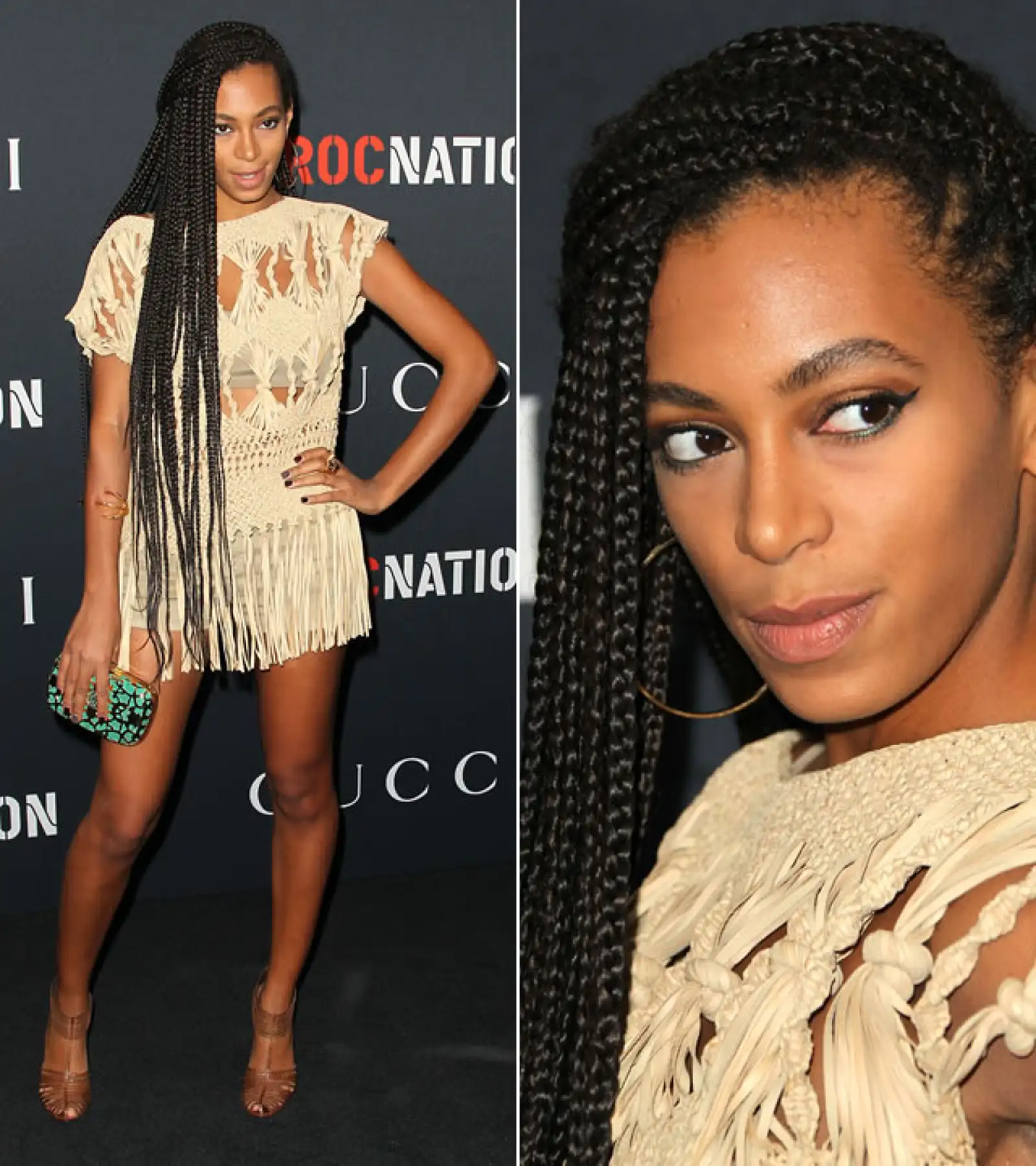 Gucci Pre Grammy Brunch, 2011: Con unas trenzas muy largas, la cantante llegó con una blusa larga de crochet y shorts y top beige. Llevó un maquillaje muy natural.