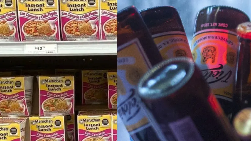 De lado izquierdo un estand con sopas marucha y del lado izquierdo varias cervezas. 