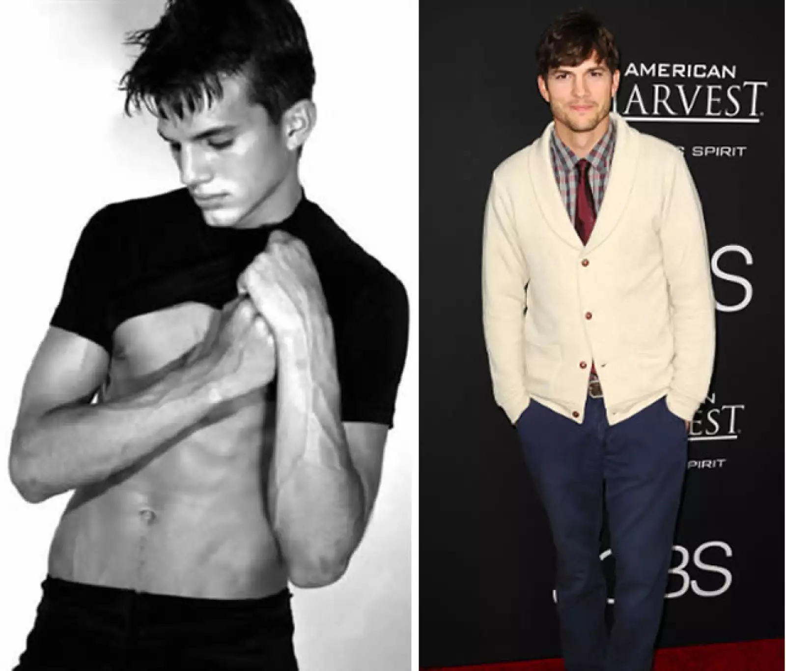 Ashton Kutcher-Cuando estaba en la Universidad lo invitaron a participar en una competencia de modelos, ganando el primer lugar, modeló para Abercrombie, Calvin Klein, entre más.