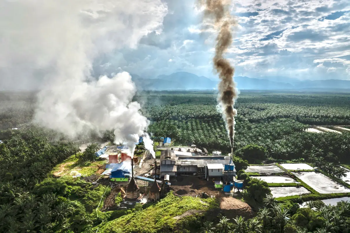Paisaje con una fábrica que está emitiendo vapor y humo.
