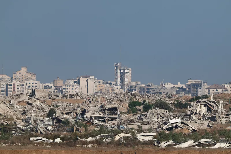 Destroyed buildings in Gaza, as seen from the Israeli side of the border with Gaza