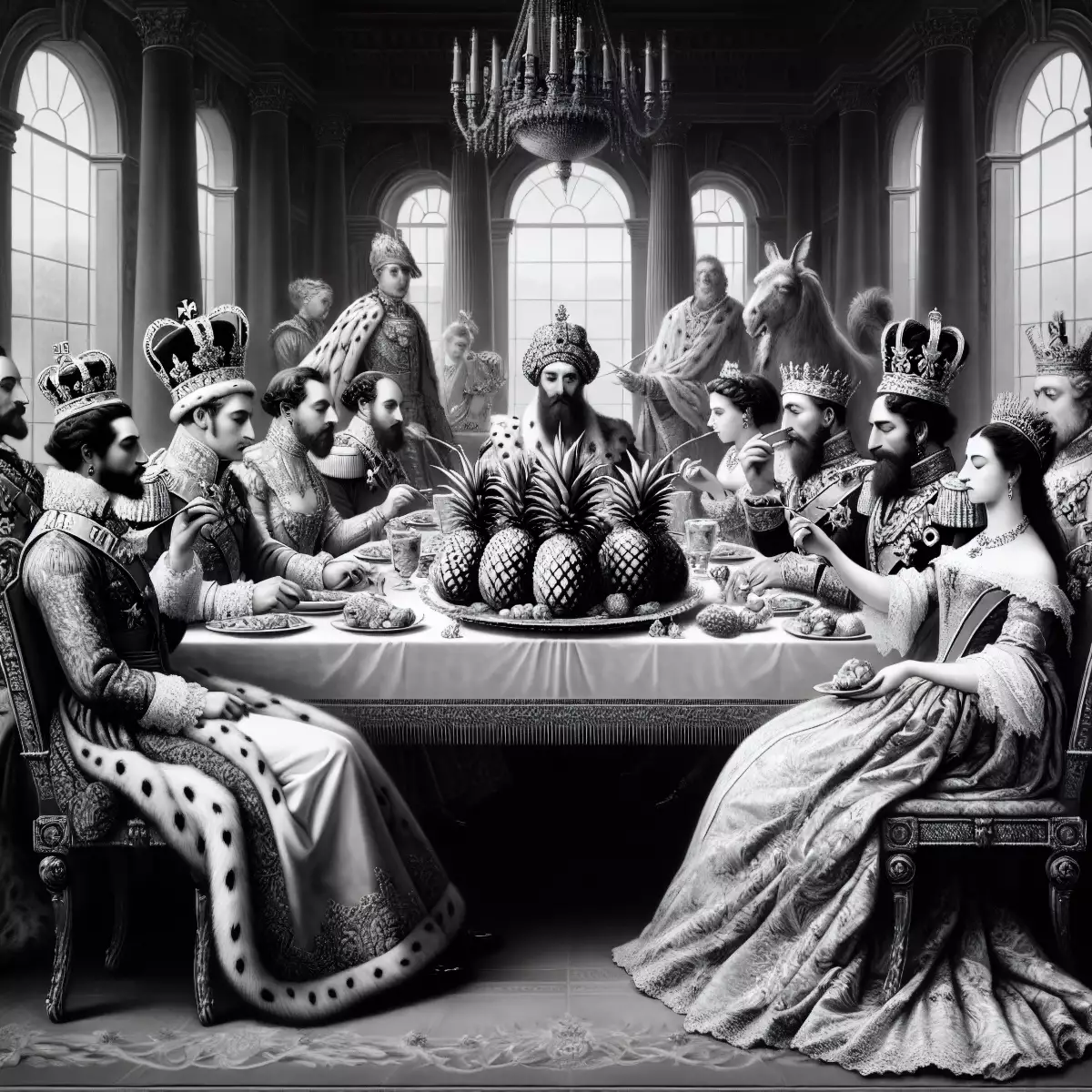 Queen,And,Kings,Of,Europe,Eat,Pineapple,Painting,Black,And