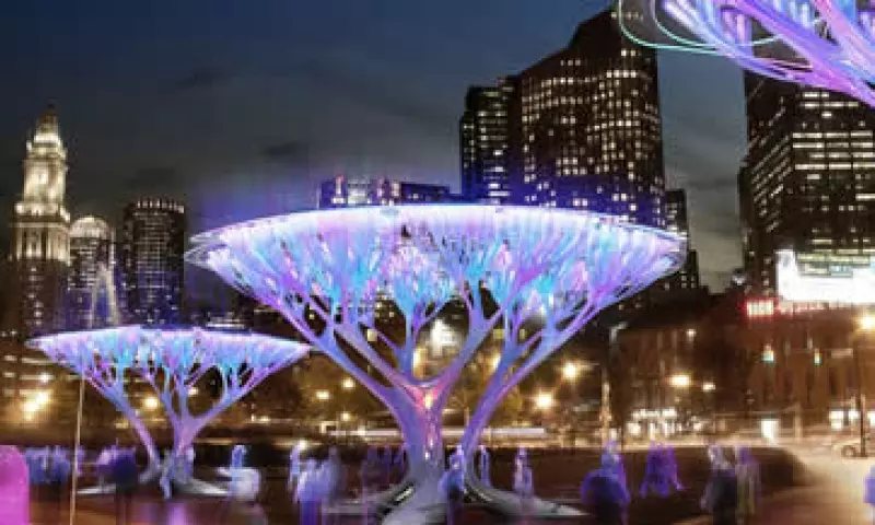 Una representación de los Bostn Treepods, árboles qu buscan absorber carbono. (Foto: Crédito/ShiftBoston )