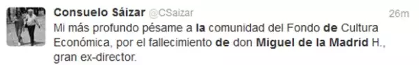 Consuelo Saizar lamentó la muerte del ex presidente quien fue también director del Fondo de Cultura Ecónomica.