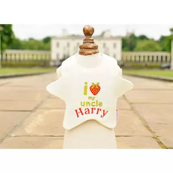 La marca de baberos Beauty and the Bib (beautyandthebib.com) vende baberos personalizables. Éste es un modelo conmemorativo que hace alusión a Harry, tío del bebé.