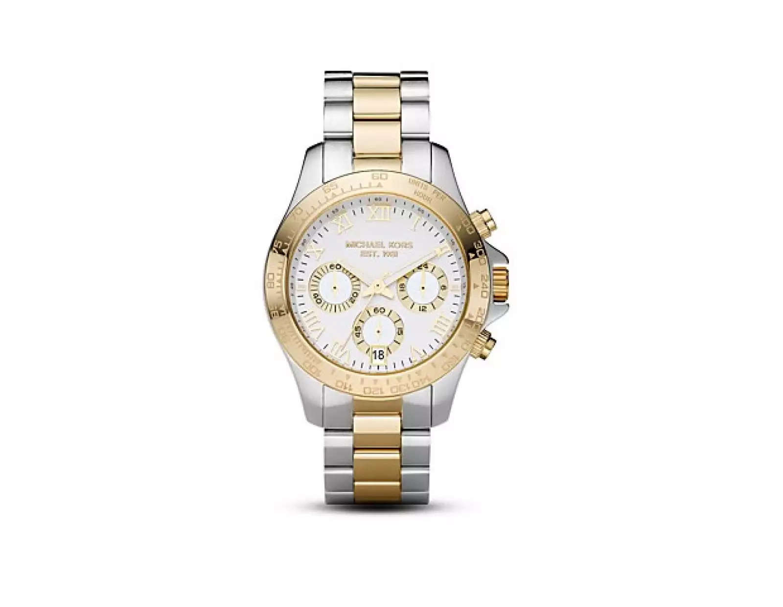 Las combinaciones de oro y acero regresan para esta temporada por su idealidad de combinarse con todo. Michael Kors ofrece esta pieza con cronometro.