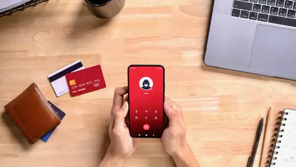 Una persona recibe la llamada de un estafador mientras realiza operaciones bancarias desde su teléfono móvil.