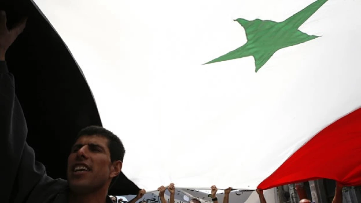 manifestantes sostienen una bandera de siria