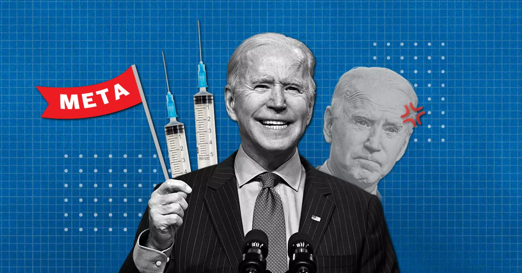 El presidente de Estados Unidos, Joe Biden, sobre un fondo azul y rodeado de vacunas. 