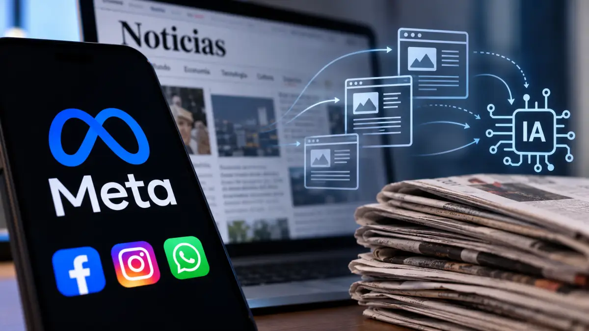 Un teléfono celular que muestra los íconos de Facebook, Instagram, WhatsApp y Threads, aplicaciones de Meta. Al fondo, una computadora portátil muestra una página de noticias en una red social.