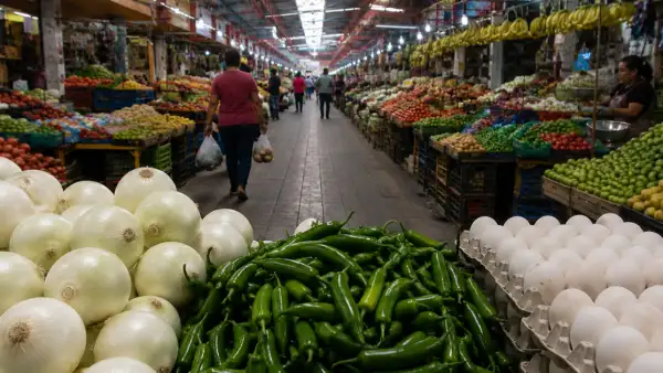 Pasillo de un mercado donde hay cebolla, chile, huevo, plátanos y limones.jpg