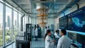 Imagen de una computadora cuántica y una representación de científicos mexicanos que analizan y trabajan con esta tecnología para estar a la vanguardia en este tema.