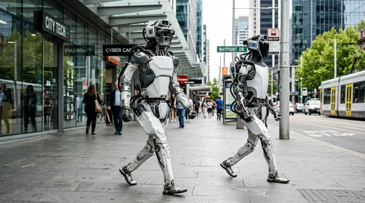 Imagen generada con IA de dos robots humanoides paseando por la calle en medio de las personas en un entorno urbano.