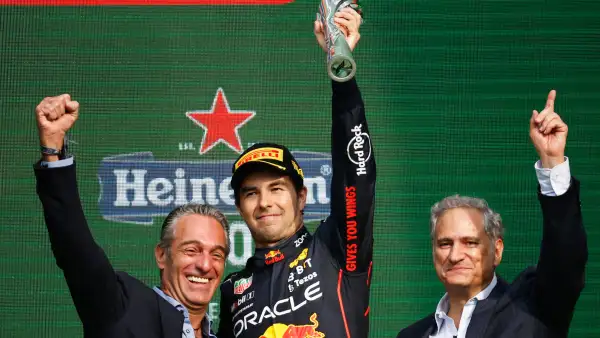 (ObligatorioThird placed Sergio Perez of Mexico and Oracle Red Bull Racing celebrates on the podium during the F1 Grand Prix of Mexico at Autodromo Hermanos Rodriguez on October 30, 2022 in Mexico City, Mexico. (Photo by Jared C. Tilton/Getty Images)