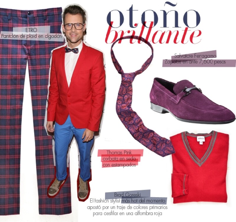 Brad Goreski, el fashion stylist más hot del momento apostó por un traje de colores primarios para desfilar en una alfombra roja.