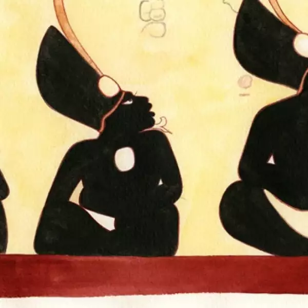 pintura realizada por heather hurst que recrea figuras mayas