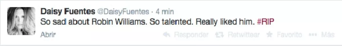 `Tan triste por Robin Williams, era tan talentoso. En realidad me gustaba´, escribió Daisy Fuentes.