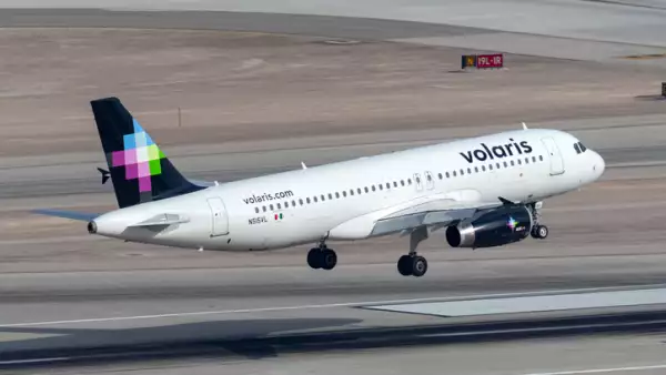 Volaris Airbus A320 airliner landing at McCarran International Airport.