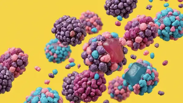 Dulces Nerds de distintos sabores flotan sobre un fondo amarillo.