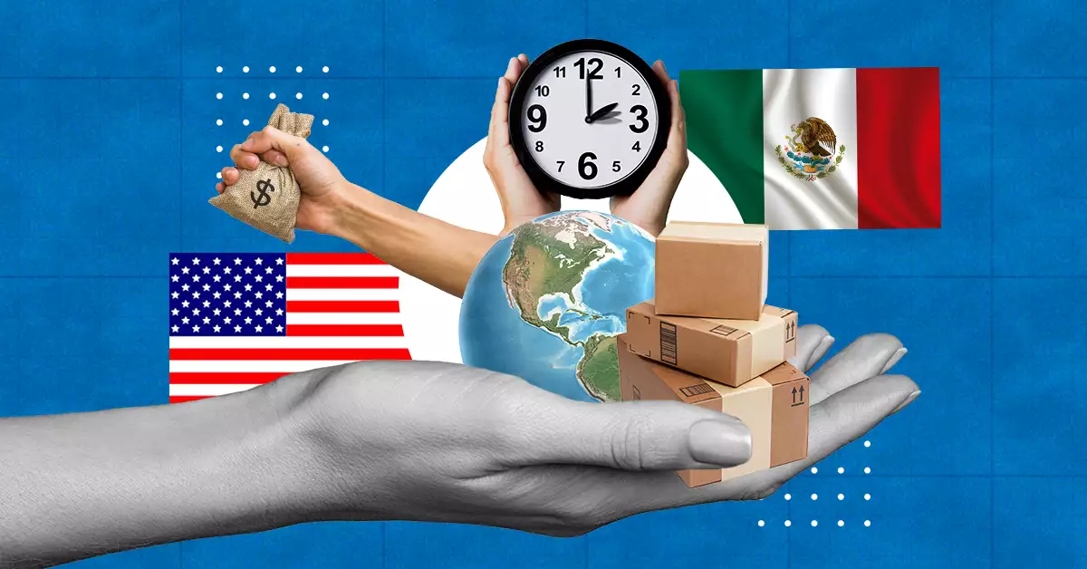 Manos sosteniendo un relosj, a los lados las banderas de México y Estados Unidos.