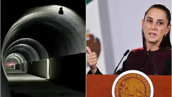 En la imagen dividida se observa un túnel de la Línea 12 del Metro y a la presidenta Claudia Sheinbaum en una conferencia matutina. 
