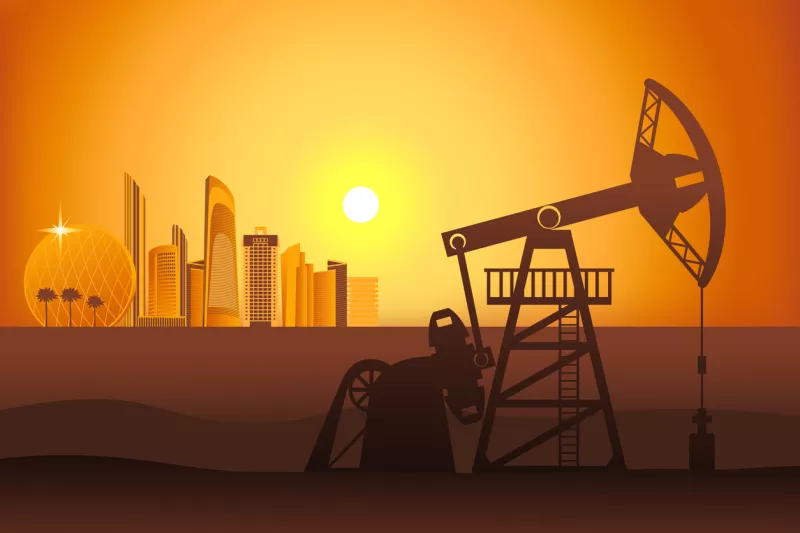 Pozo de petróleo al atardecer en el desierto en la ilustración vectorial de fondo de Abu-Dhabi. Silueta de bomba de petróleo.