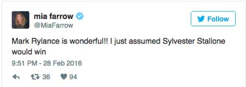 Ante esta situación algunos famosos reaccionaron en Twitter, entre ellos Mia Farrow, quien felicitó a Mark, pero dijo que esperaba que Sylvester ganara.