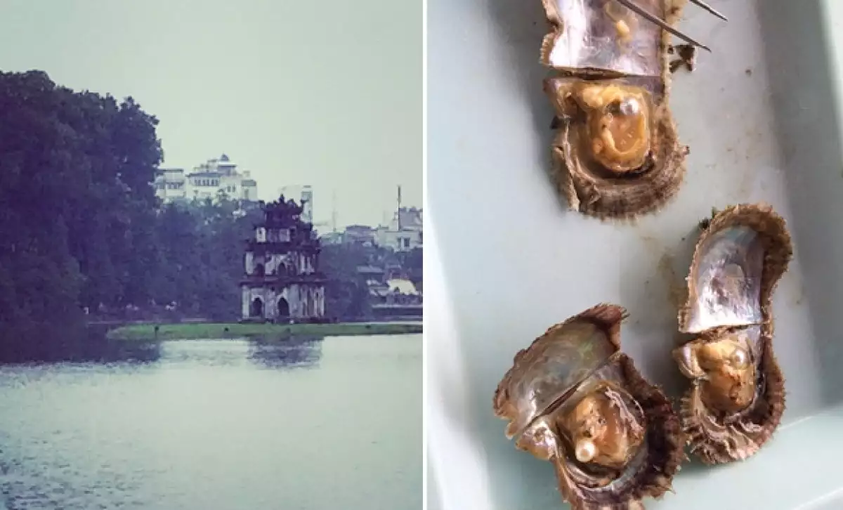 Comida con perlas horneadas y la hermosa vista de la arquitectura de Hanoi Bay.