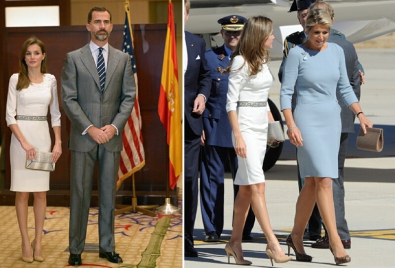 Fue precisamente el 18 de septiembre que Letizia recibió en España a Máxima Zorreguieta con el mismo vestido y accesorios que usó hoy en sus eventos en Miami
