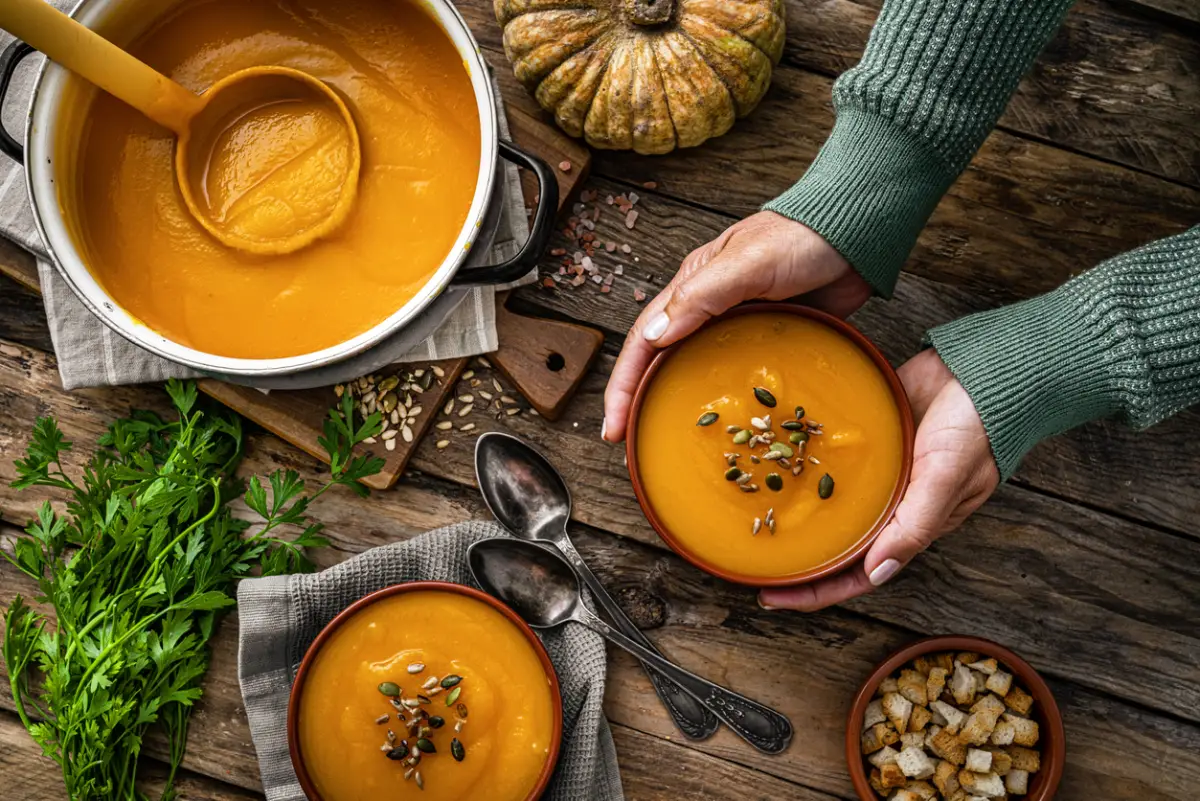 Woman serving two bowls of pumpkin soup for Thanksgiving meal