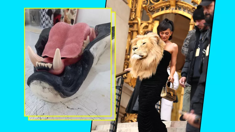 Kylie Jenner robó miradas en el desfile de Alta Costura de Schiaparelli usando un vestido de cabeza de león. 