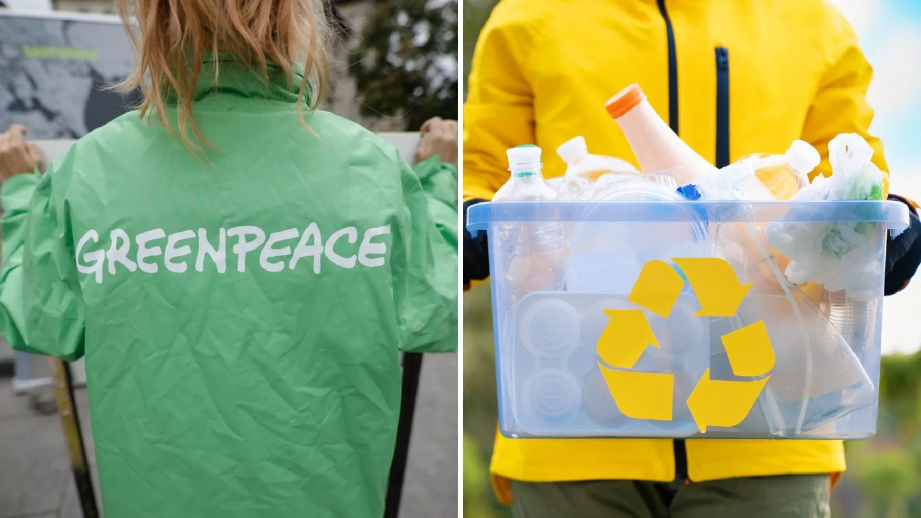 persona de greenpece de espaldas y otra sosteniendo caja de reciclaje de plástico