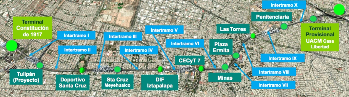 Mapa del Trolebús Elevado, desde Constitución de 1917 a la UACM Casa Libertad