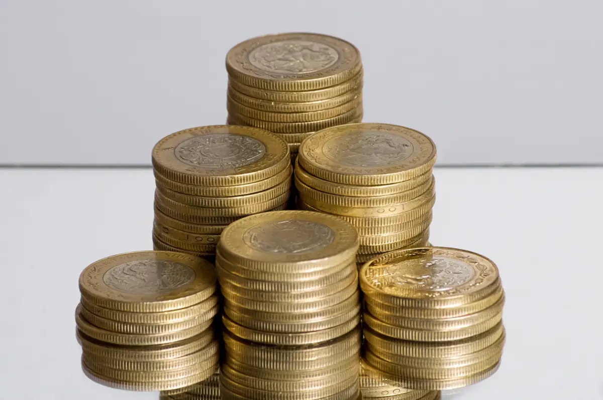 Stacks of Mexican ten peso coins