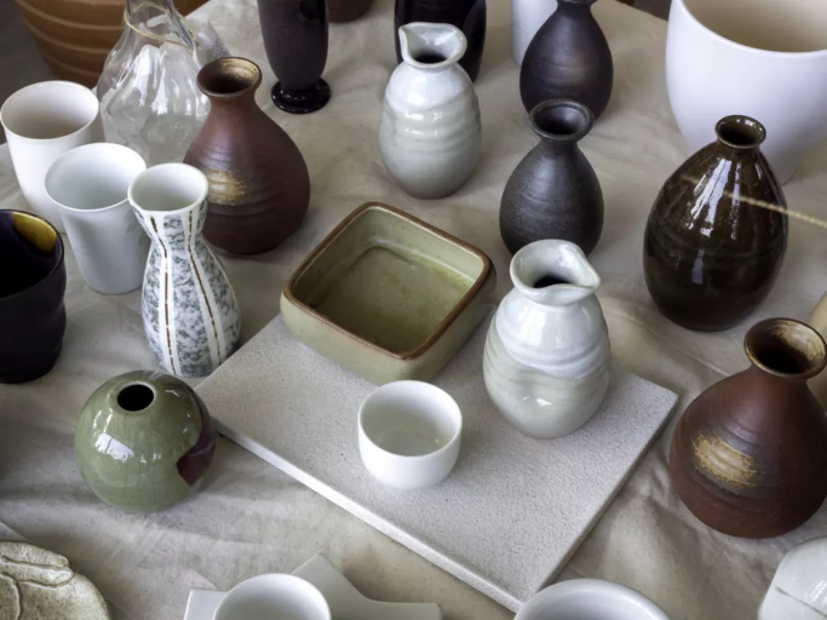 Various colorful plant pots in the shop.
