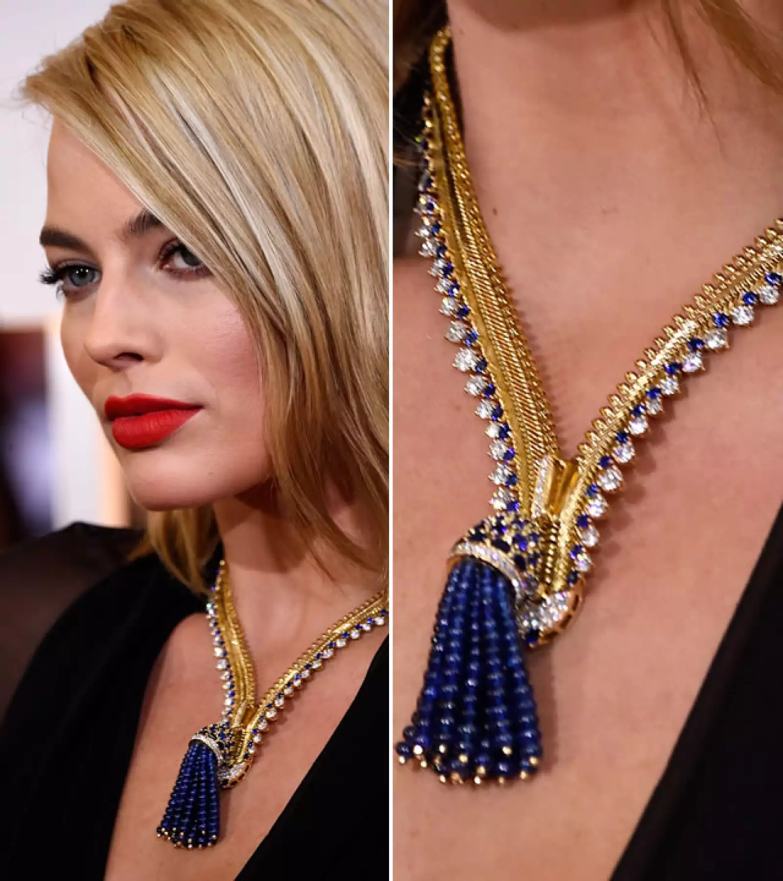 Margot Robbie usó un collar de esmeralda con diamantes y zafiros de Van Cleef & Arpels, de 18k en oro amarillo.